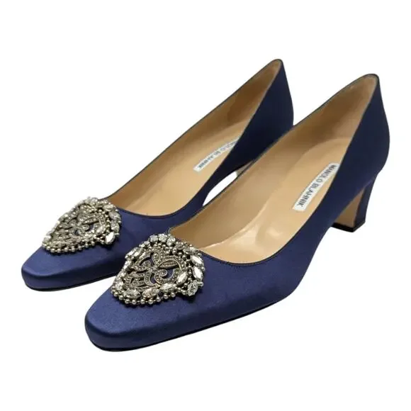 Manolo Blahnik Okkato Jeweled Buckle Crepe de Chine Low Heel Pump Navy 39.5 | 9 - Picture 2 of 12